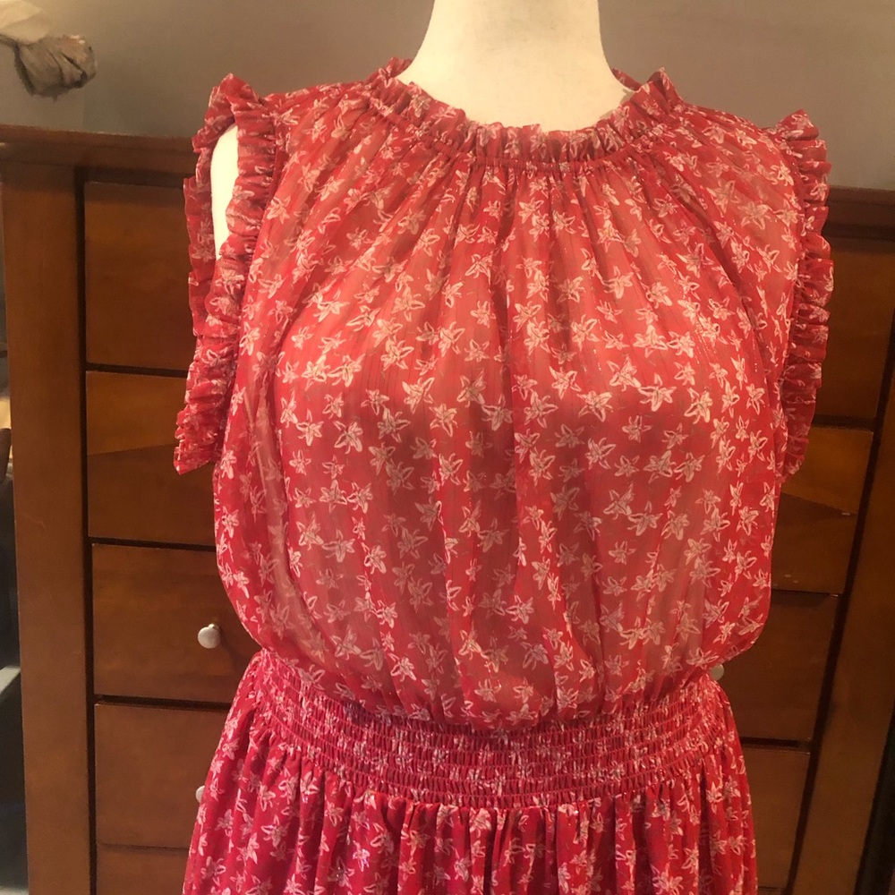 Red Floral Smocked Waist Sleeveless Dress - Picture 3 of 6